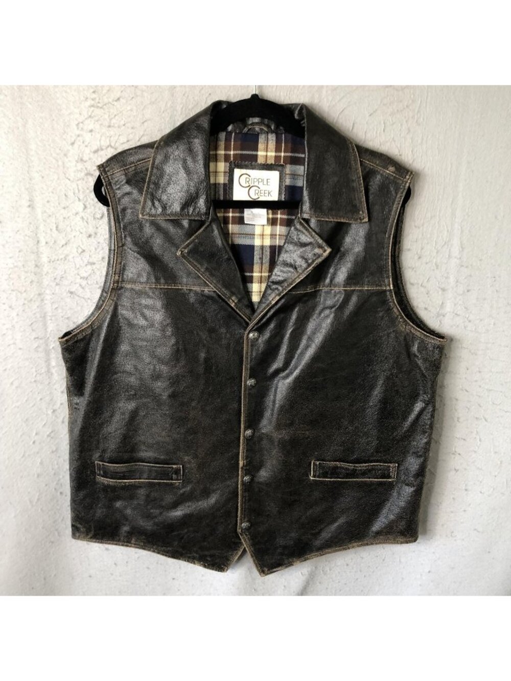 Cripple Creek Vest Mens XL Brown Leather Western Snap Front Plaid Lined Biker